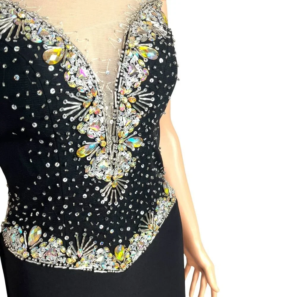 Panoply Black Rhinestone Embellished Mesh Illusion Gown Size 6 W Sheer Neckline - Picture 8 of 13